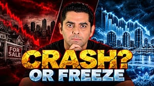Sonny Bhinder asks whether Vancouver real estate is crashing or frozen, with a red falling chart on one side and a frozen city skyline on the other